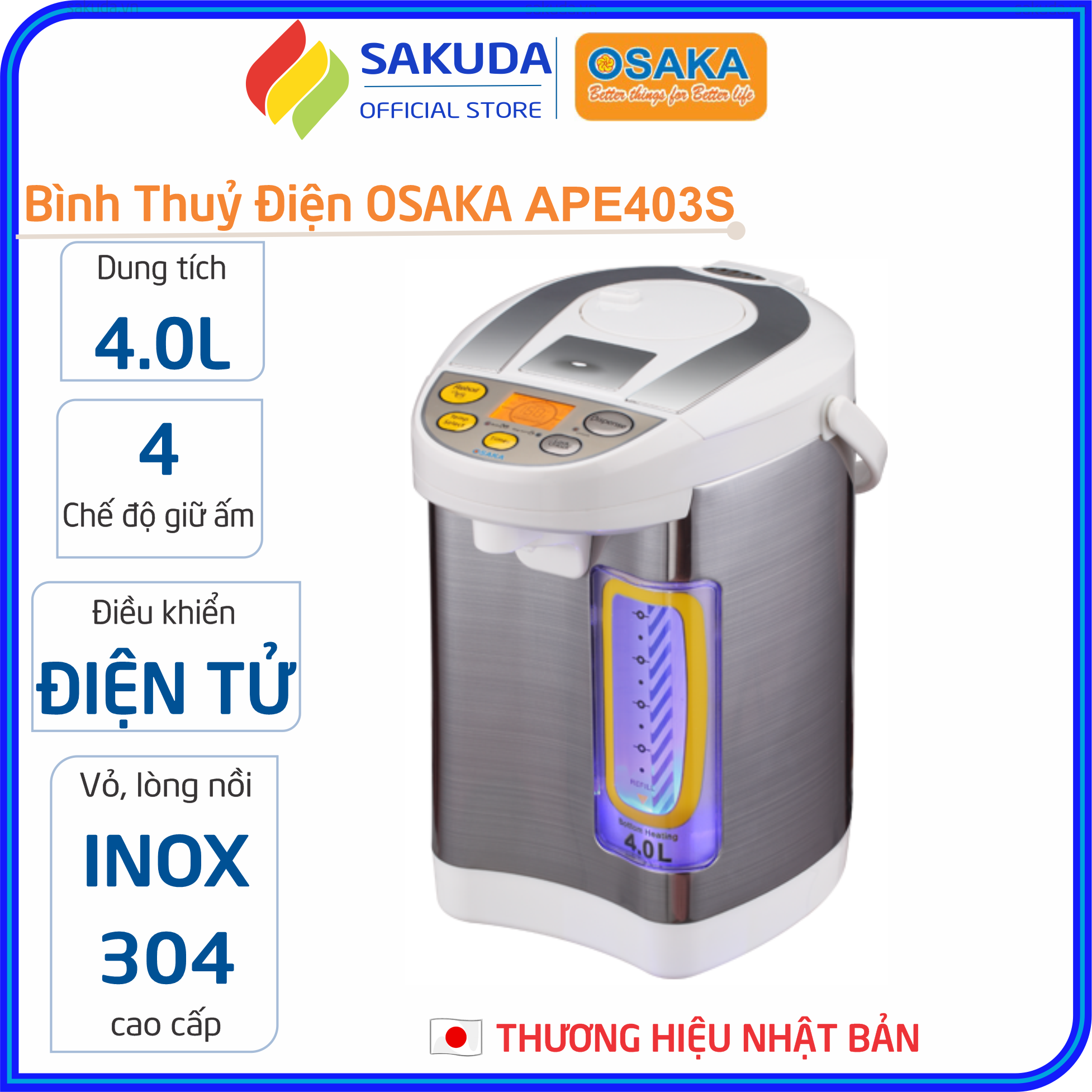 Bình thủy điện 4.0 lít osaka nhật bản ape403s - công suất 750w - bình thuỷ điện với 4 chế giữ ấm giữ được nhiệt lâu - vỏ ngoài và lòng nồi làm bằng inox 304 siêu bền – hàng chính hãng