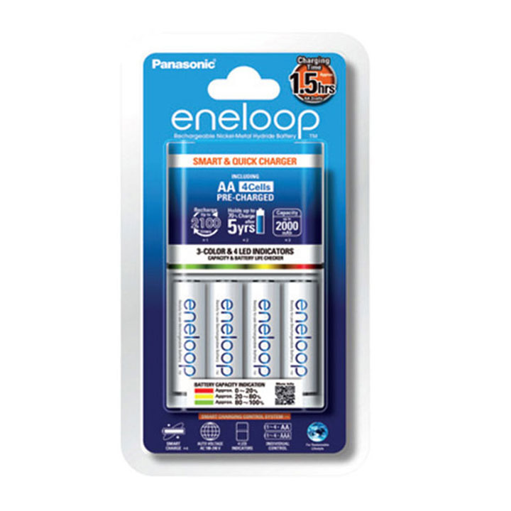 Bộ sạc pin panasonic bq-cc55e, bộ sạc pin aa 1.5giờ kèm 4 pin sạc eneloop aa2000mah 1.2v