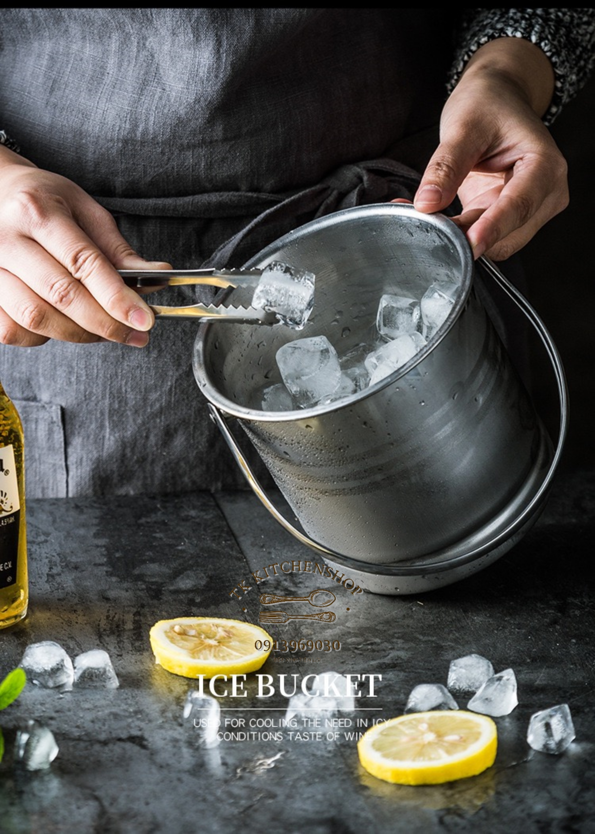 Xô đựng đá inox có quai xách kèm kẹp inox gắp đá, xô inox đựng đá hai ngăn tách đá và nước riêng biệt