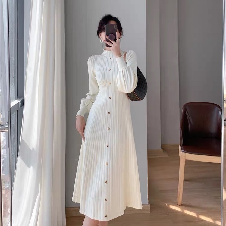 [YUUNA][YUUNA]2023 Váy Len Khí Chất Hàn Quốc Mẫu Mới Thu Đông Váy Liền Dài Tay Dệt Kim Dáng Dài Phối Bên Trong Cổ Cao Nửa Cao Nữ