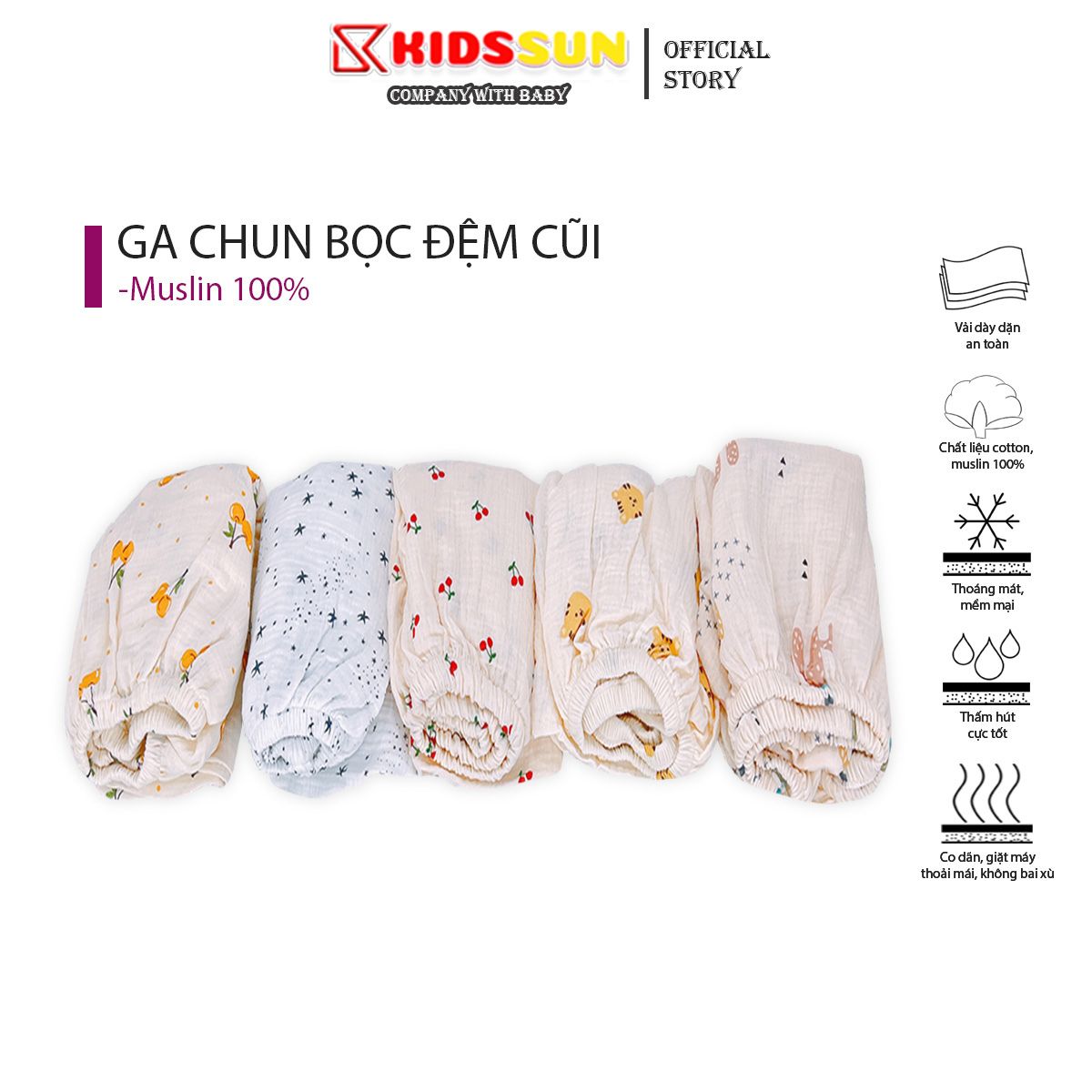 Ga cũi cao cấp bọc đệm cho bé kidssun chất liệu muslin oragnic mềm mịn thoáng mát thấm hút mồ hôi họa tiết dễ thương