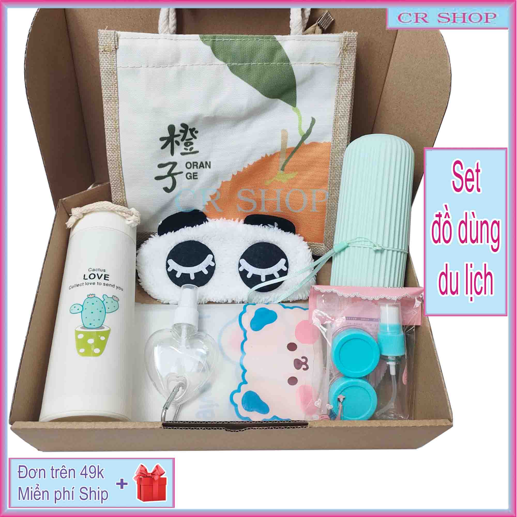 Set combo đồ dùng đi du lịch đi chơi mùa hè gòm có 7 món túi cói mini túi rút đựng đồ bình nước thủy tinh hộp đựng kem và bàn chải đánh răng bộ chiếc mỹ phẩm bịt mắt hình gấu bình xịt móc khóa phun sương hình trái tim crshop