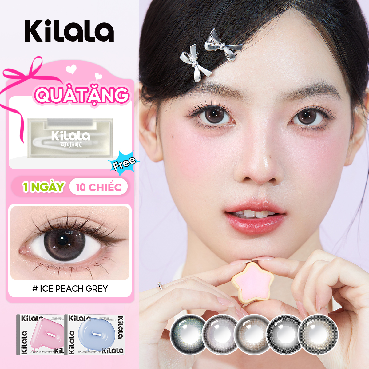 Kilala Kính áp tròng màu 1 ngày,Ice Peach Grey/Ice Oolong Brown/Cold Water Black 42% hàm lượng nước 14.2-14.5mm lens có độ 0-8,Kính áp tròng màu nâu/xám/đen tự nhiên 10 Chiếc