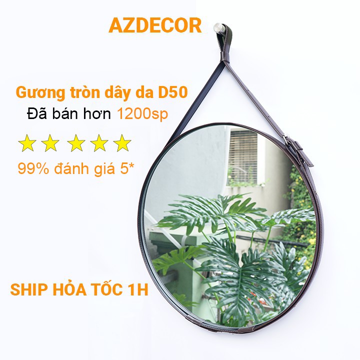 Gương tròn, gương treo tường dây da simili cao cấp - đường kính 50cm