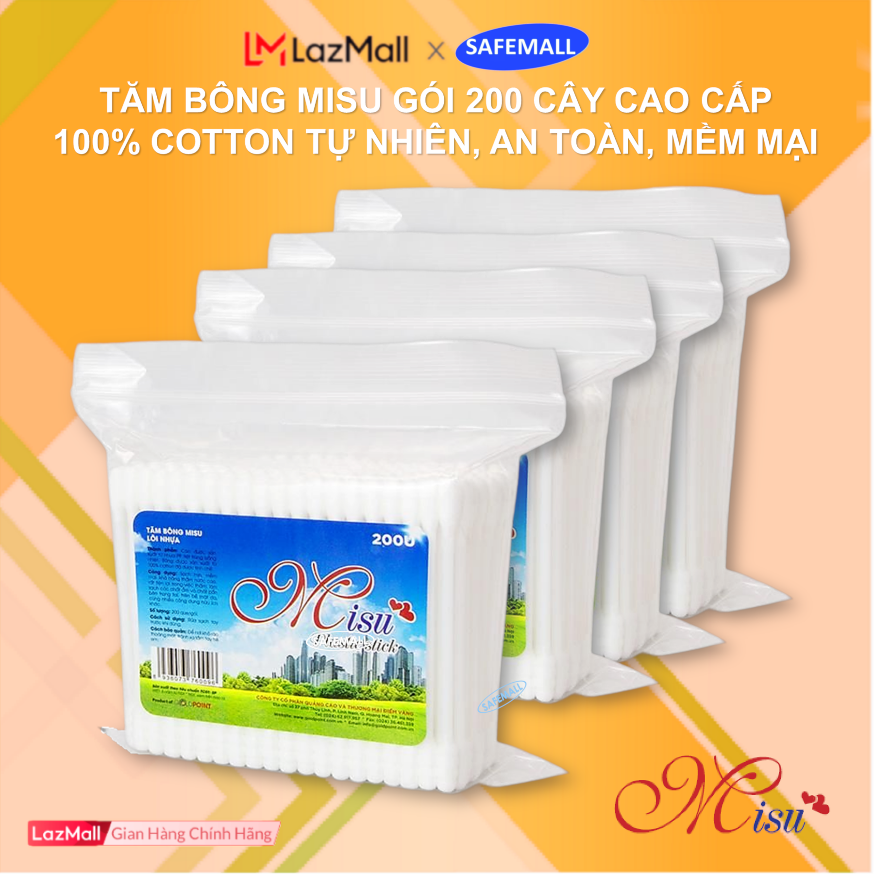 Combo 3 gói Tăm bông ráy tai Misu lõi nhựa cao cấp 100% cotton thấm hút tốt, Tăm bông Misu đa công dụng vệ sinh, trang điểm..., Tăm bông ráy tai người lớn trẻ em - Hàng chính hãng SafeMall