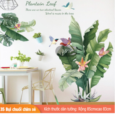 Decal trang trí tường - Bụi lá chuối và chim sẻ-BA2101