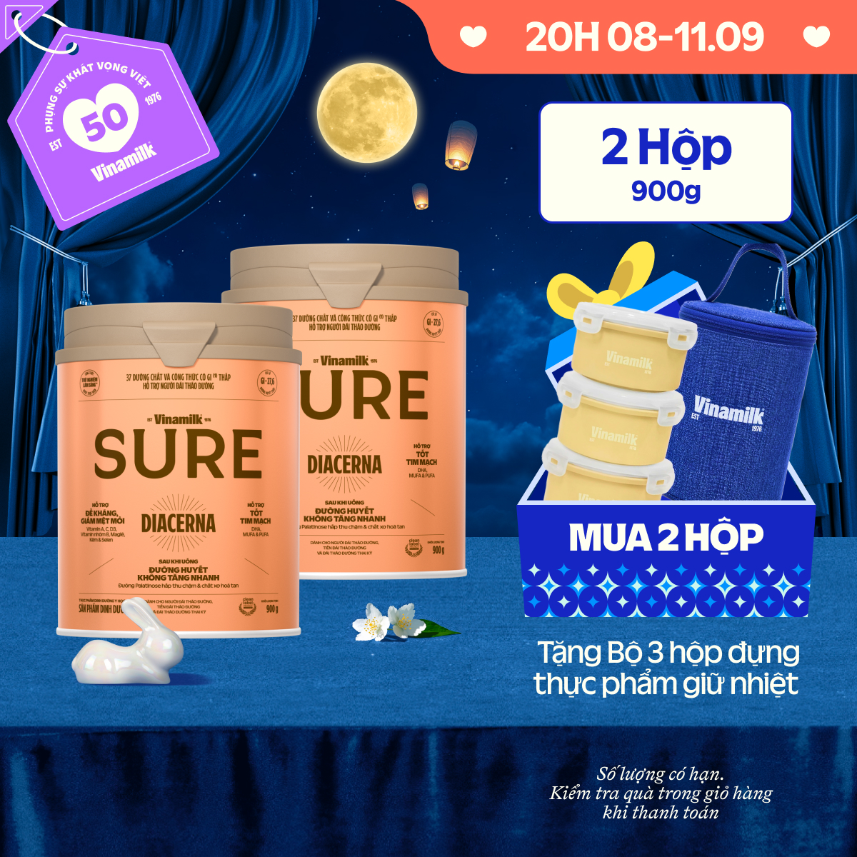 Combo 2 lon Sữa bột Dành cho người tiểu đường Vinamilk Sure Diecerna 900g
