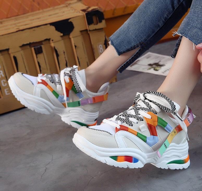 Giày Thể Thao Nữ Sneaker Độn Đế ABO Phối 7 Sắc Cầu Vồng 2 Màu Đen Trắng Thời Trang Thu Đông 2019