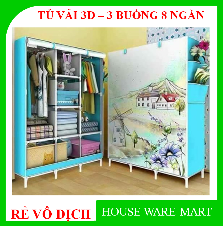 [Hàng loại I]Tủ vải 3D - 3 buồng 8 ngăn đựng quần áo tiện lợi