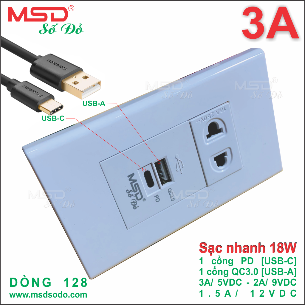 SẠC NHANH ÂM TƯỜNG 18W ÂM TƯỜNG - PD/QC3.0 - 3A/5VDC  + 1 Ổ CẮM 2P 16A - 128MSD