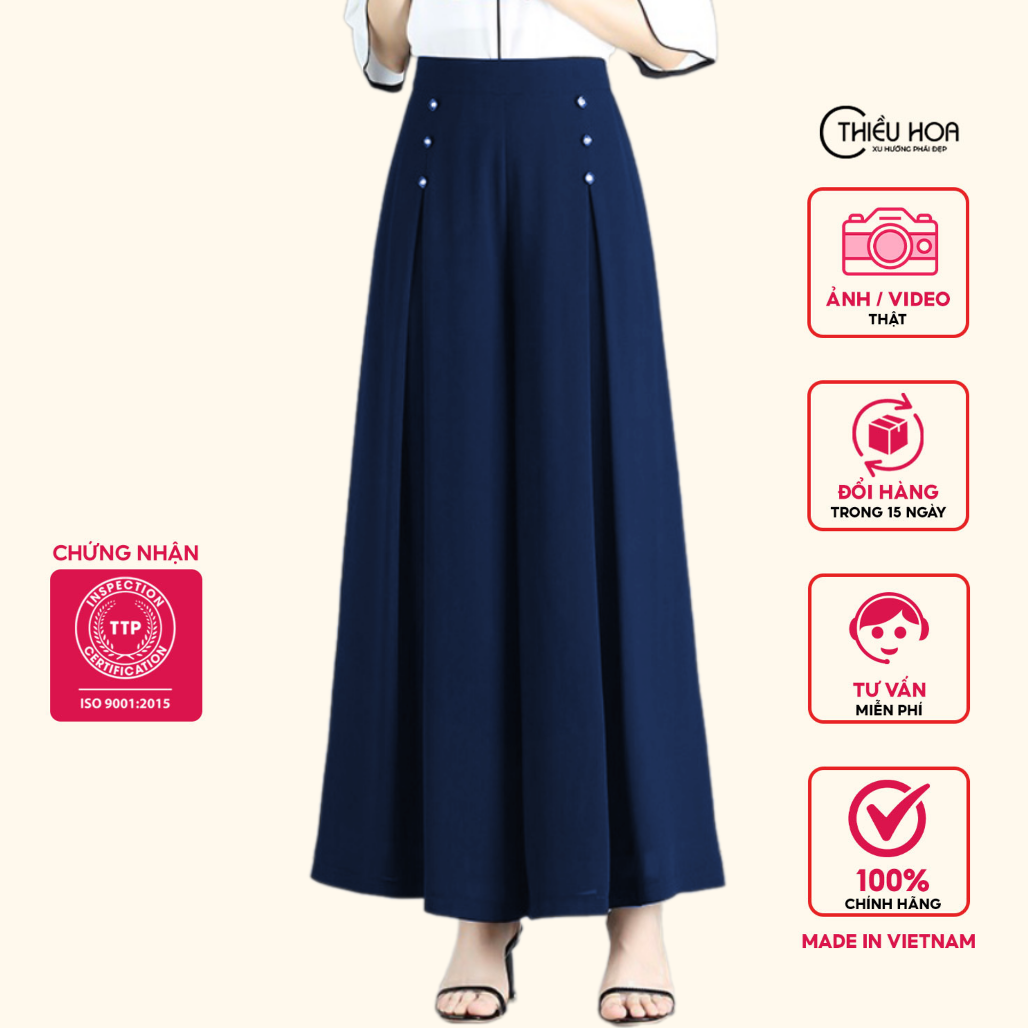 Quần giả Váy Trung Niên Chiffon Form Dài Đính Nút cao cấp mềm mịn Y0379 Thương hiệu Thiều Hoa