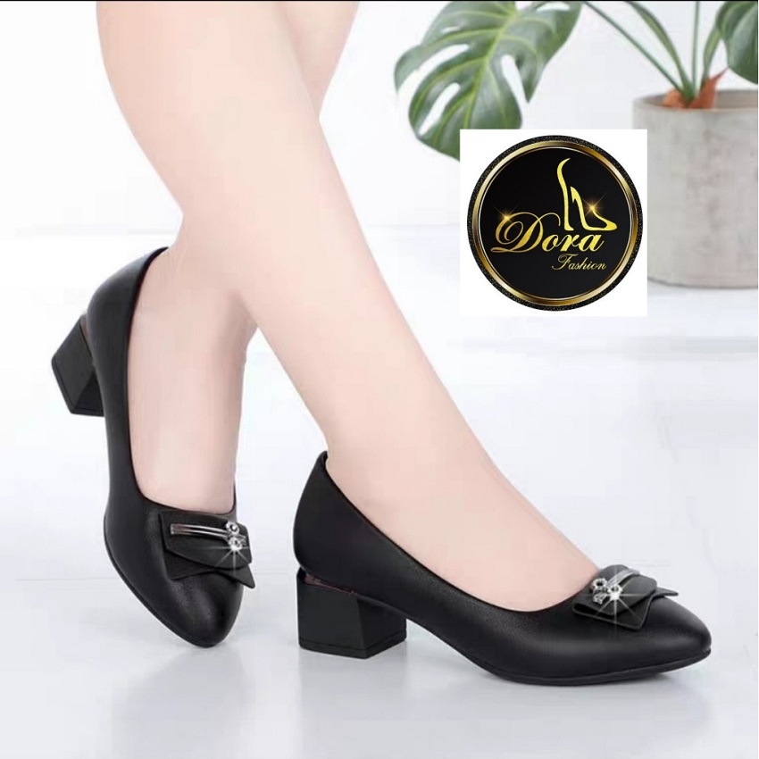 giày cao gót - giày cao gót nữ da lỳ cao cấp đính nơ đế vuông 4cm - Hàng VNXK Da mềm - Lót cực kì êm chân