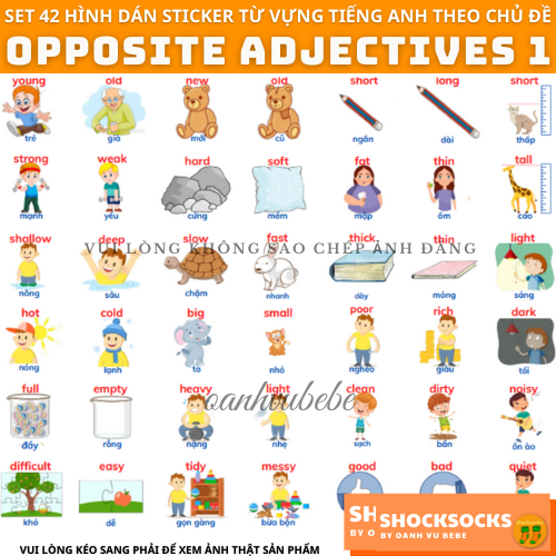 🔥 set 42 hình dán sticker từ vựng tiếng anh chủ đề opposite adjectives 🔥