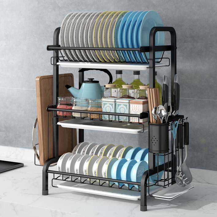 [ 𝐅𝐫𝐞𝐞 𝐒𝐡𝐢𝐩 ] Kệ để bát đĩa Thép Carbon cao cấp VANDO chống han gỉ bám bẩn (Có khay hứng nước các tầng)