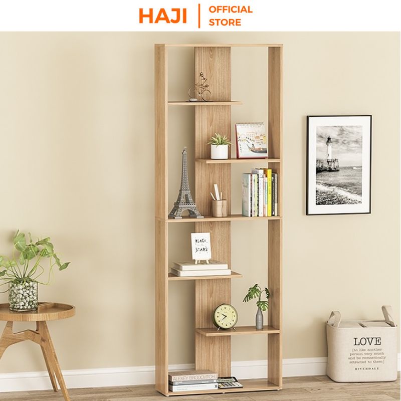 Kệ sách gỗ HAJI để sàn chắc chắn chống đổ , Kệ trang trí ziczag đa tầng tiện dụng phù hợp không gian sống hiện đại A216
