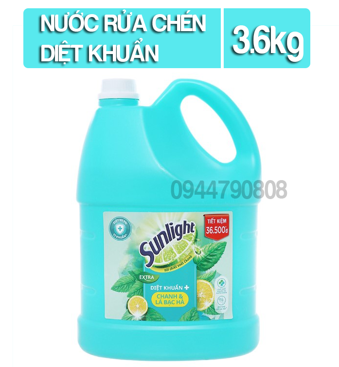 Nước rửa chén diệt khuẩn Sunlight 3.6kg hương chanh và lá bạc hà