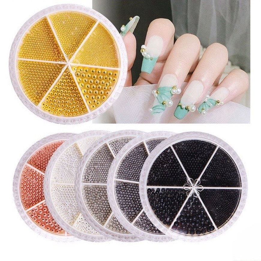 Khay bi tròn trang trí móng nail - Khay bi tròn Mix màu mix size, Bi nail trang trí móng chất liệu kim loại thép mạ không gỉ sáng bóng