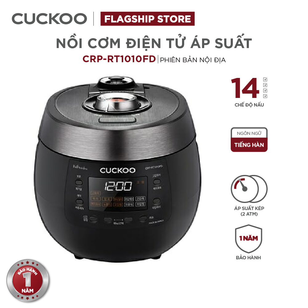 Nồi cơm điện tử áp suất Cuckoo 1.8 lít CRP-RT1010FD màu đen - lòng nồi chống dính cao cấp phủ Xwall Diamond -Sản xuất tại Hàn Quốc - bản nội địa tiếng Hàn - Hàng chính hãng Cuckoo Việt Nam
