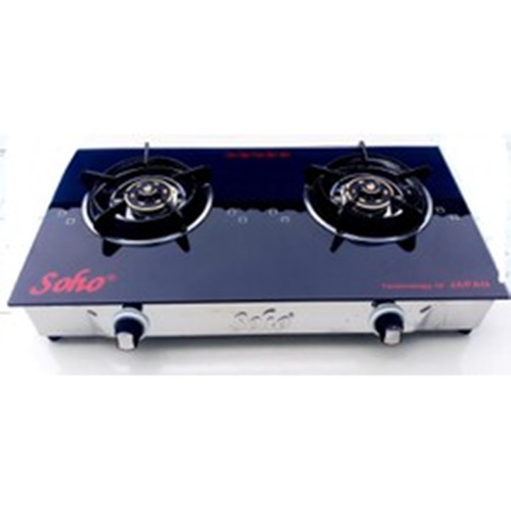 Bếp gas đôi mặt kính SOHO - 65GLS toàn thân inox, Kiềng Chắn gió siêu dầy, hoa sen đốt bằng đồng thau đúc nguyên khối