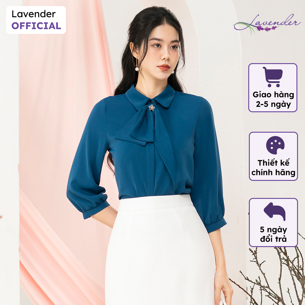 Áo sơ mi công sở nữ LAVENDER màu xanh coban chất lụa hàn mềm mại cổ đính nơ A3013
