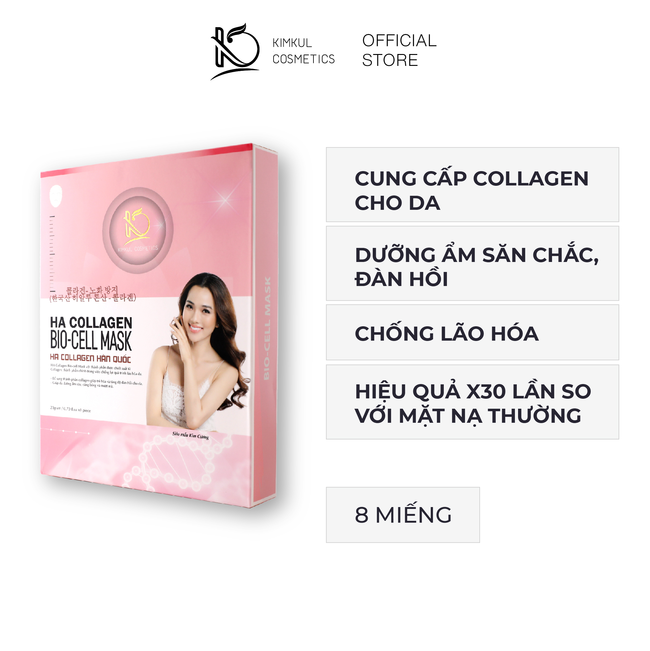 Hộp 8 Mặt nạ Collagen Hàn Quốc KimKul HA Collagen Bio-Cell Mask - Hộp 8 Mặt nạ Collagen chống lão hóa chuẩn Hàn Quốc dưỡng trắng, ngừa lão hóa
