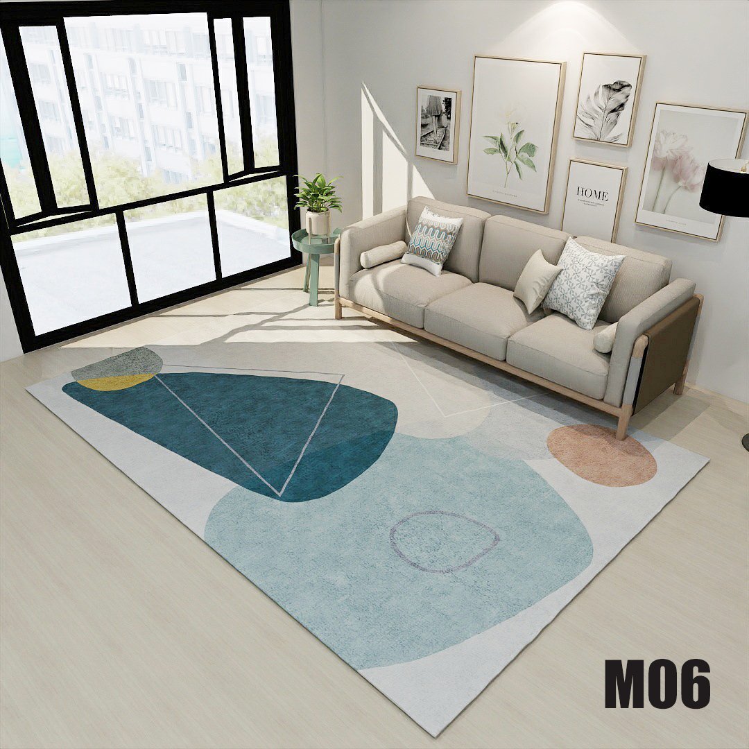 Thảm trải sàn trang trí họa tiết đơn giản tông xanh trắng