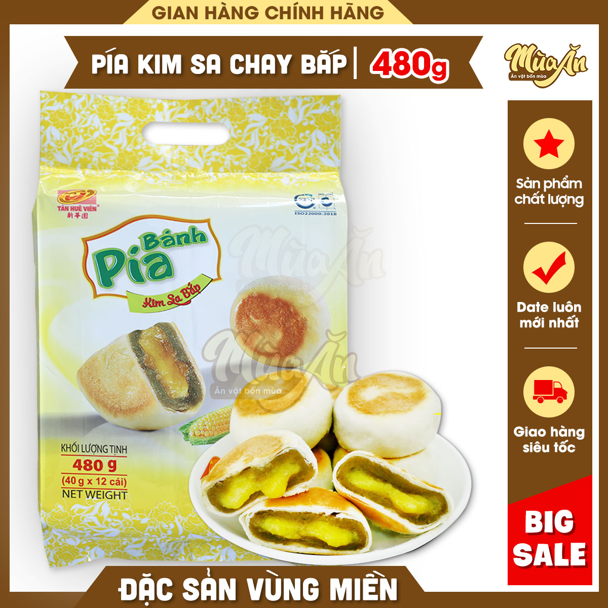 Bánh Pía Kim Sa bắp tan chảy, Bánh Pía Sóc Trăng Tân Huê Viên 480g, bánh pía chay mini