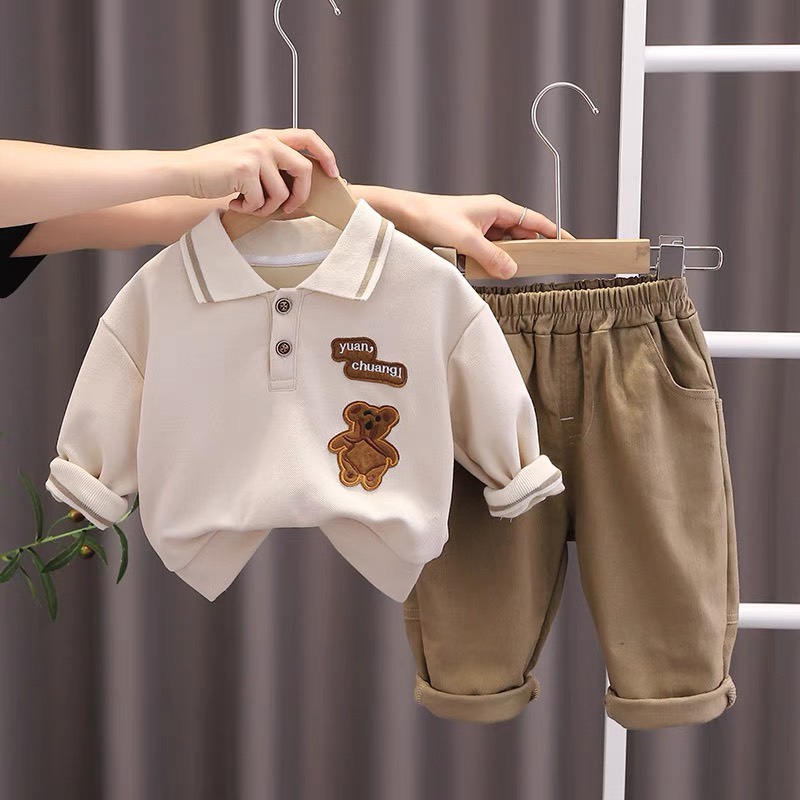 Set quần kaki áo gấu dài tay bé trai 10-20kg