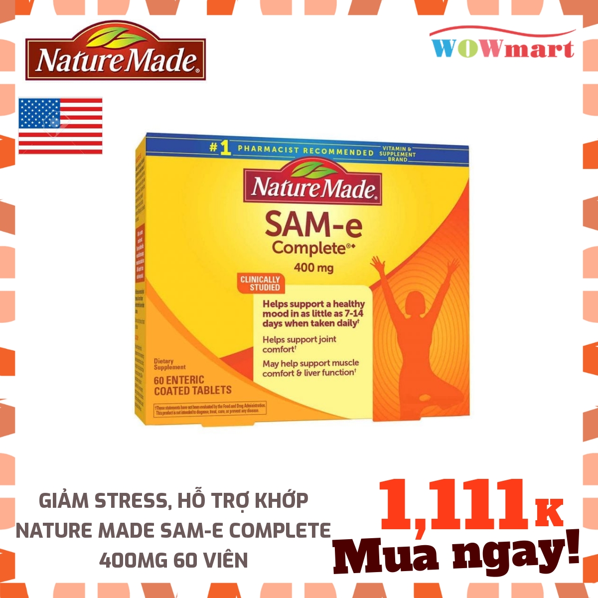 [HCM]Giảm stress hỗ trợ khớp Nature Made SAM-e Complete 400mg 60 viên - MỸ