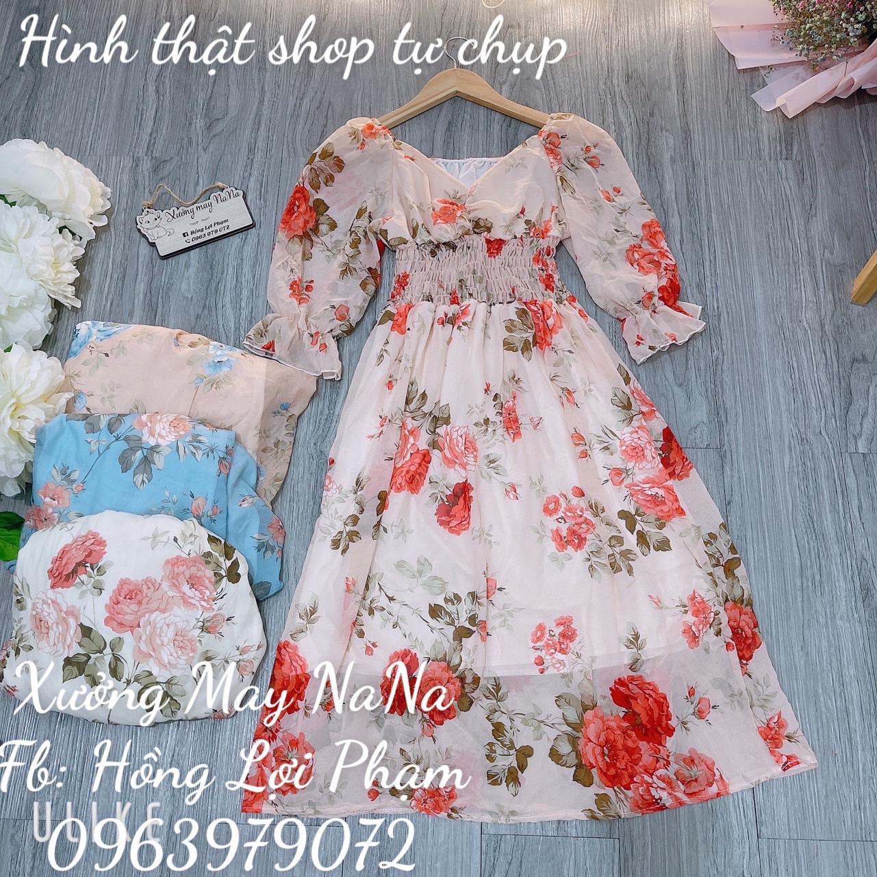 Đầm maxi tay phồng nhún ngực