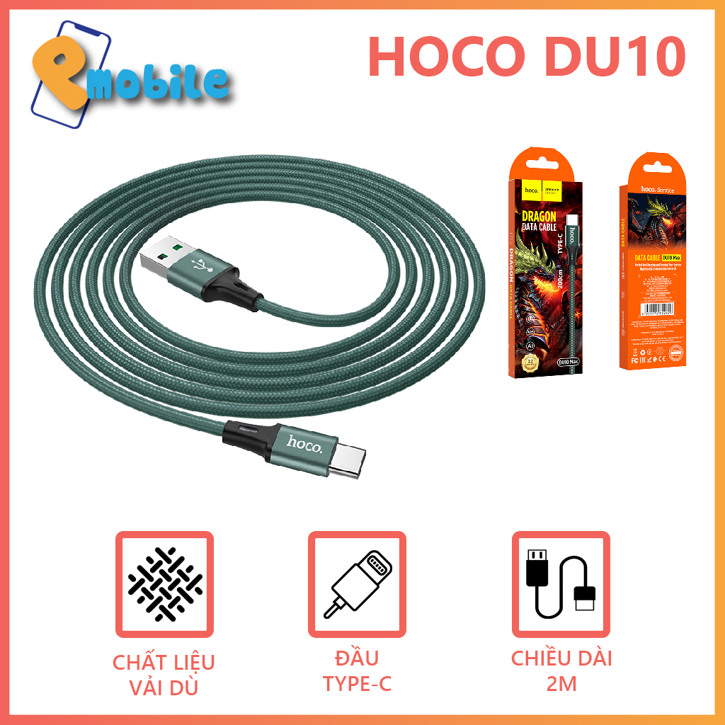 Cáp sạc nhanh Hoco DU10 dành cho điện thoại Android, jack Type-C chiều dài 1m, 2m
