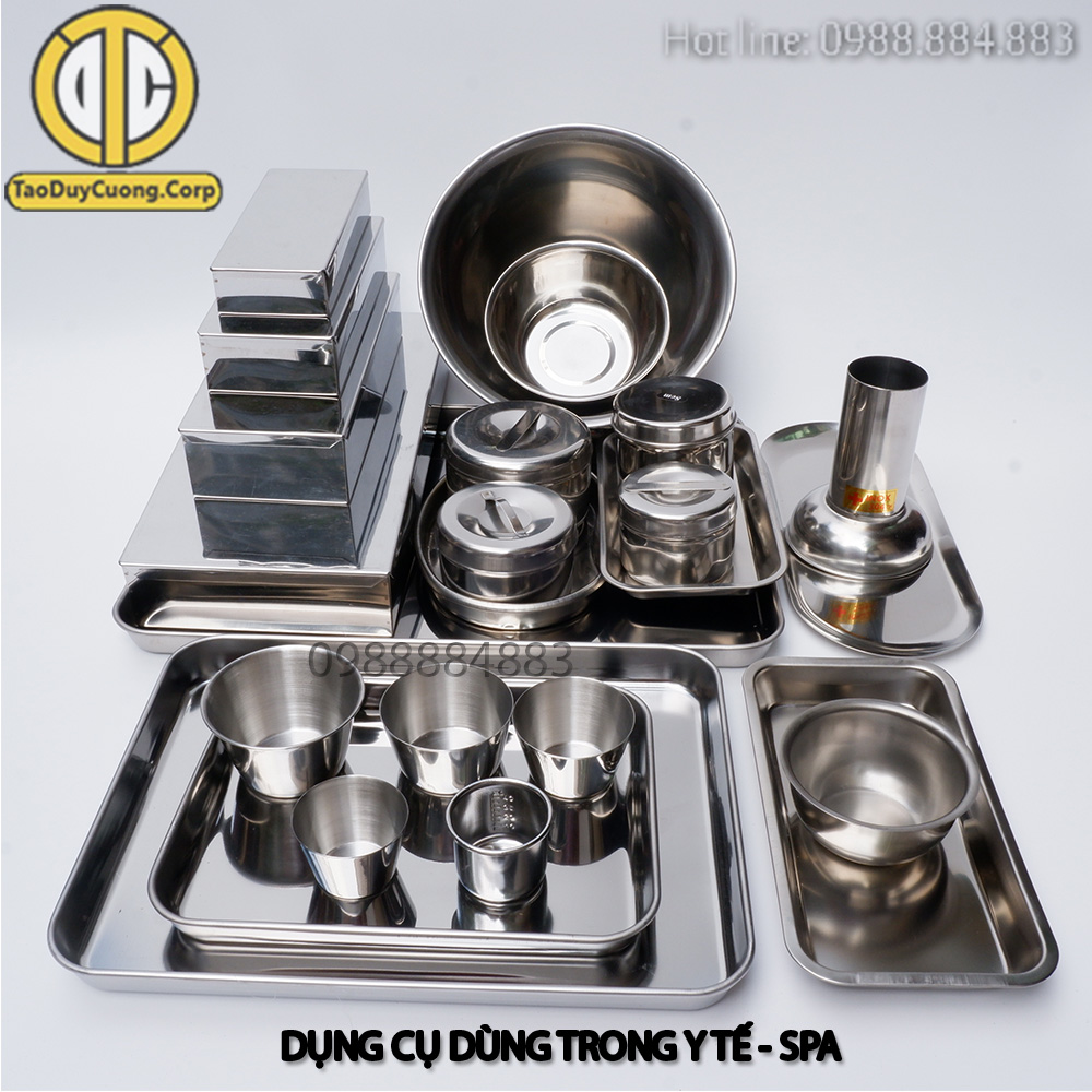 Dụng Cụ Spa, Dụng Cụ Y Tế: Bát inox, khay inox, khay đậu, cốc inox, hộp đựng bông, hộp dụng cụ y tế, ống đựng panh kéo.
