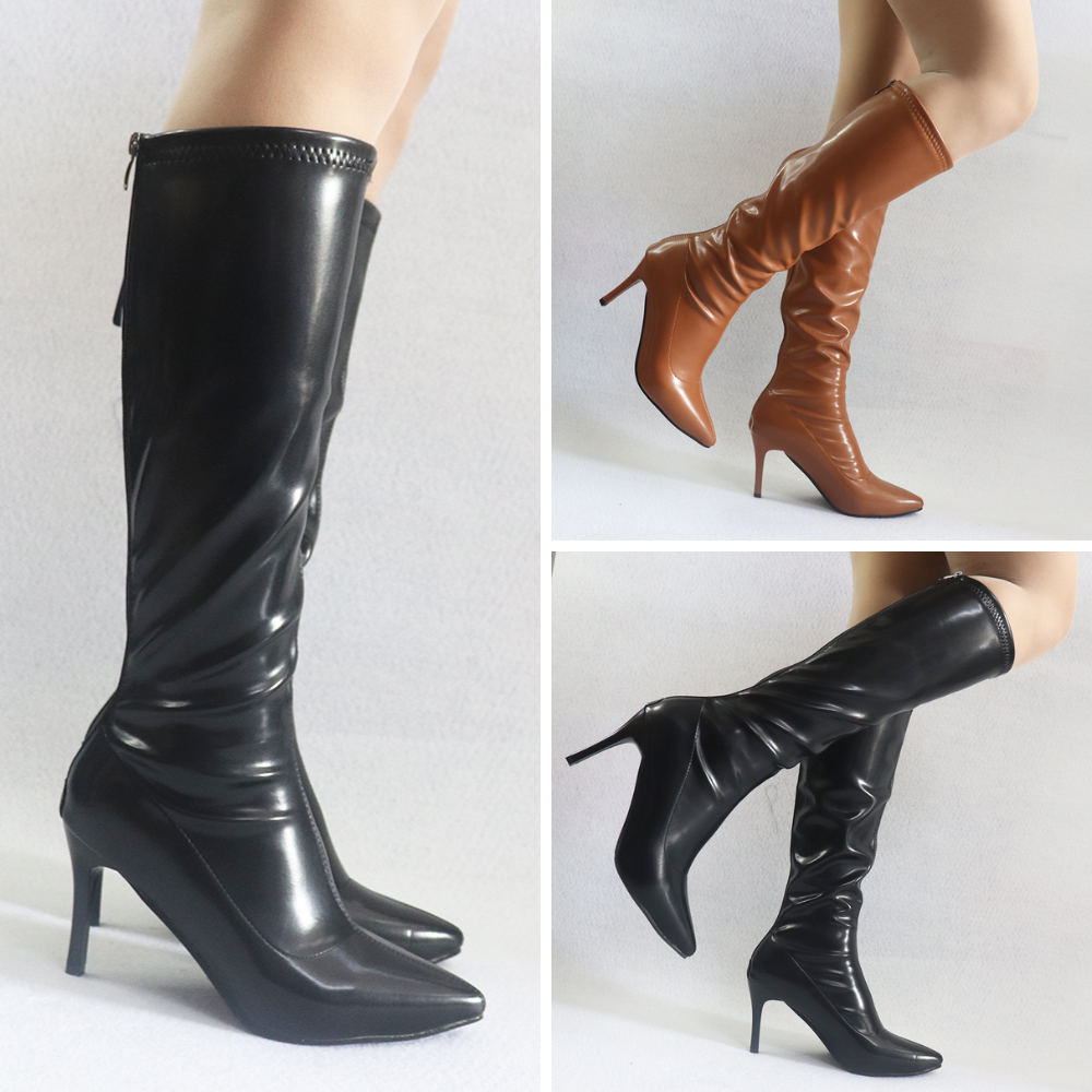 Giày boot nữ ống cao dưới gối gót nhọn 9cm ôm chân- sang chảnh màu đen/ nâu gcc105