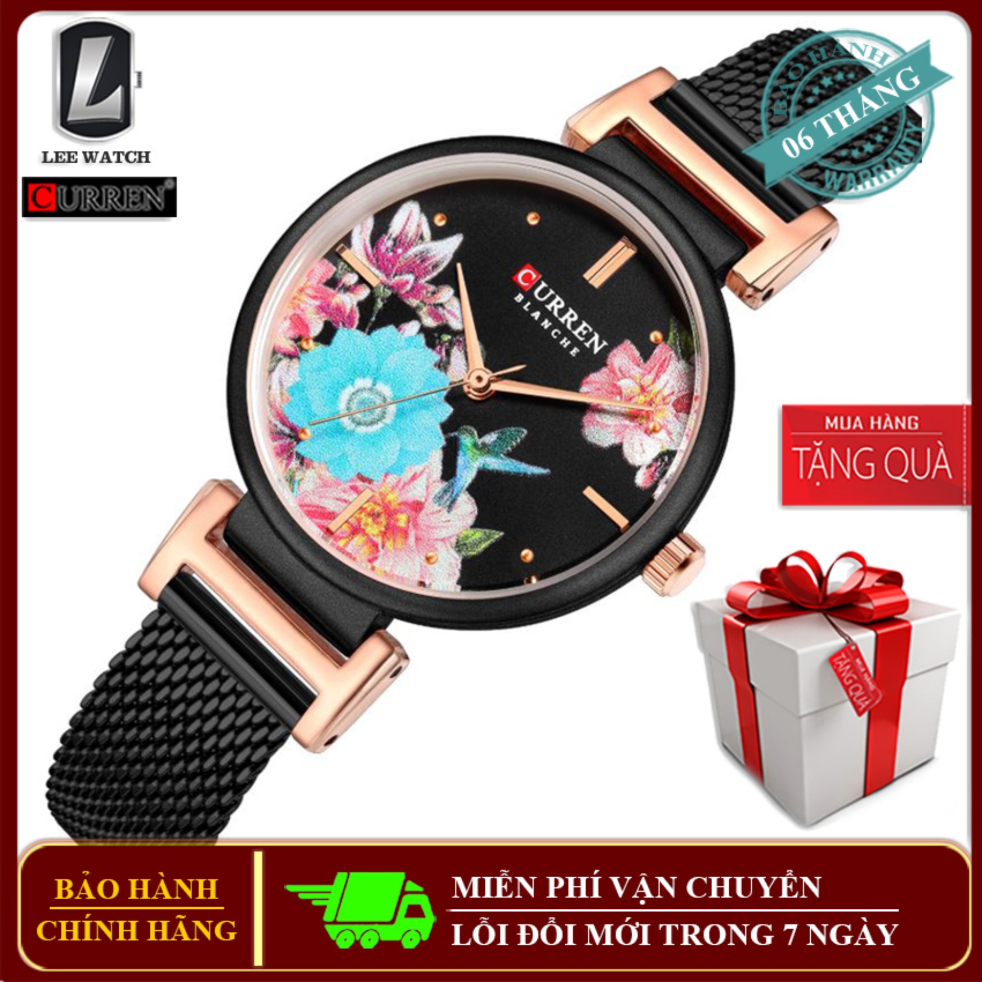 Đồng hồ đeo tay nữ Curren 9053 dây Titanium chống ghỉ, họa tiết mặt được thiết kế tinh xảo các loài hoa và bướm tặng vòng tay chiếc lá kèm hộp đựng Lee Watch