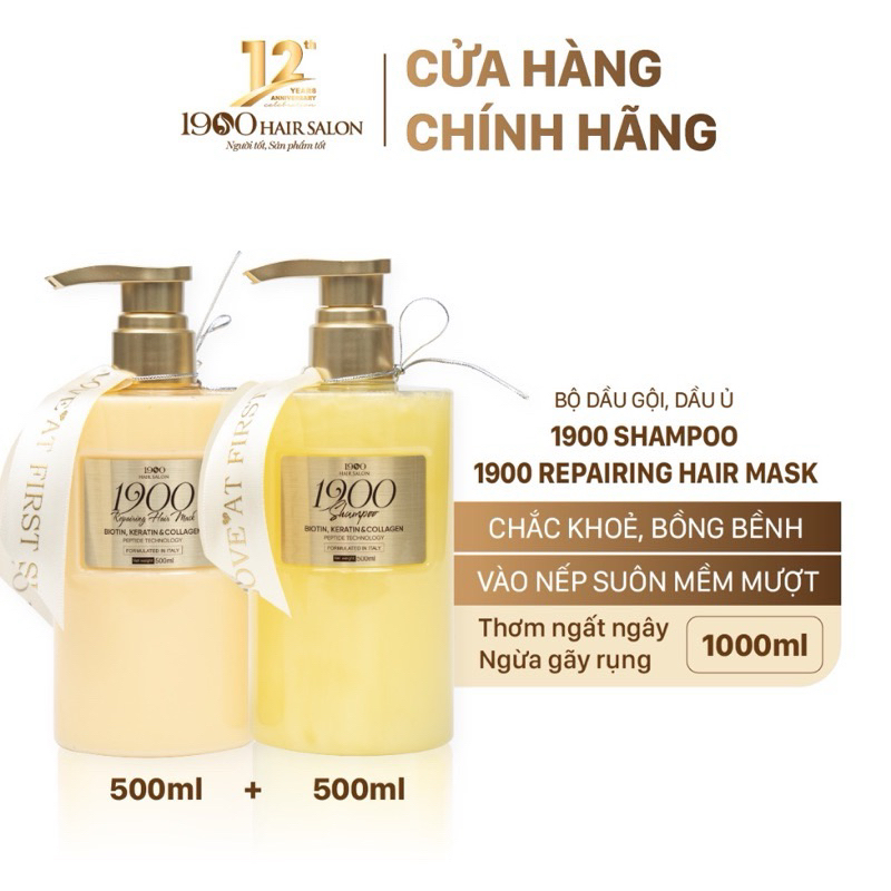 Bộ dầu gội dầu ủ cao cấp 1900 Hair Salon 500ml x2 chứa Biotin, Keratin tinh luyện dưỡng tóc chắc khoẻ vào nếp suôn mượt