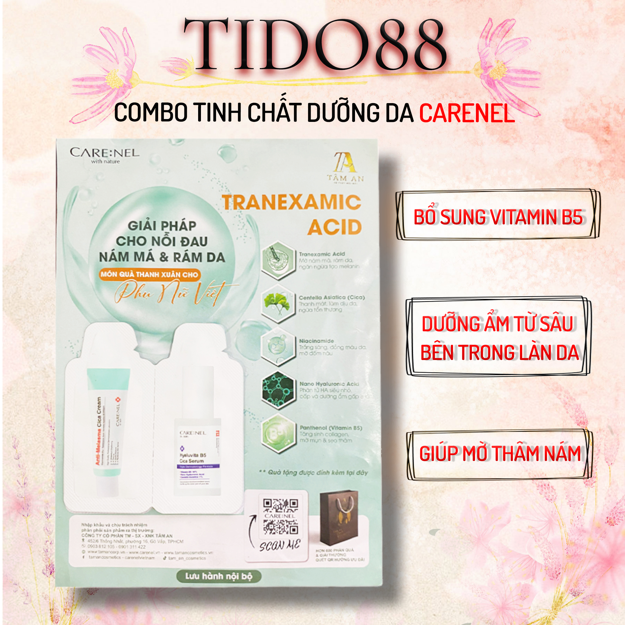 Sample tinh chất Care:nel dưỡng ẩm và kem dưỡng mờ nám Anti-Melesma Centella Cream NPP Tido88