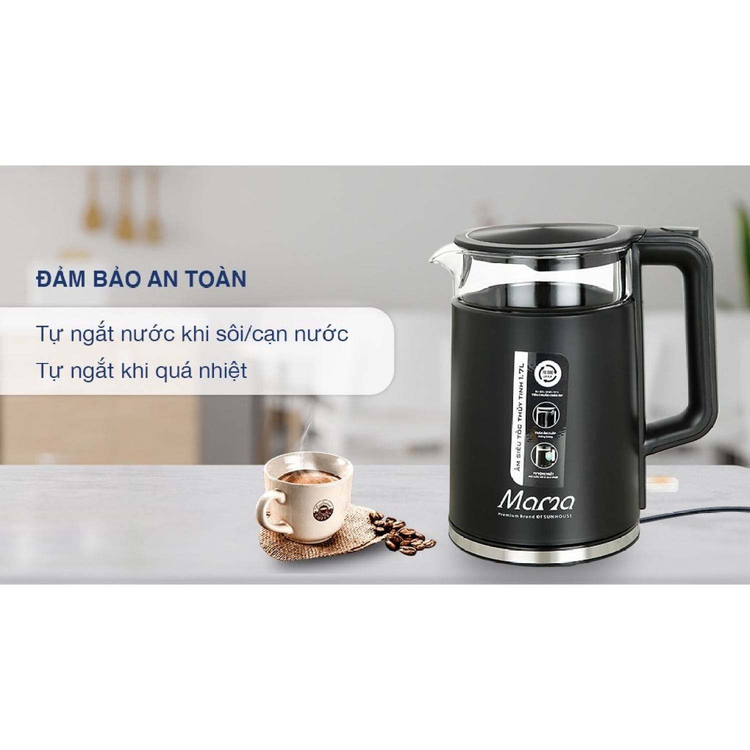 ẤM SIÊU TỐC. BÌNH SIÊU TỐC THỦY TINH CAO CẤP 1.7L SUNHOUSE MAMA SHD1330, SIÊU ĐẸP, BẢO HÀNH 24 THÁN