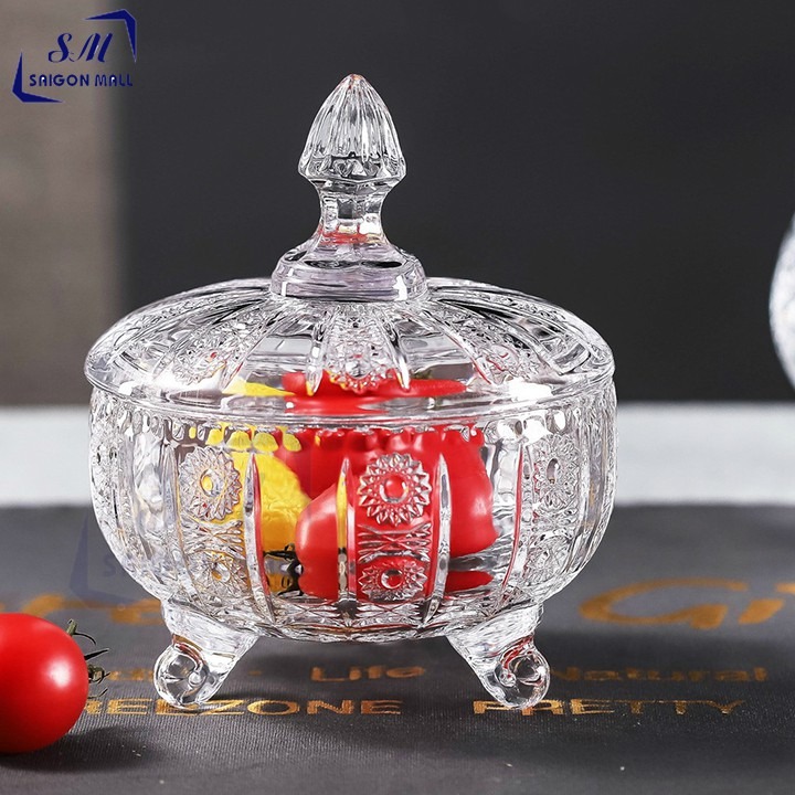 Thố mứt thủy tinh đựng hạt ngày Tết - Thố mứt hạt dưa 3 chân pha lê
