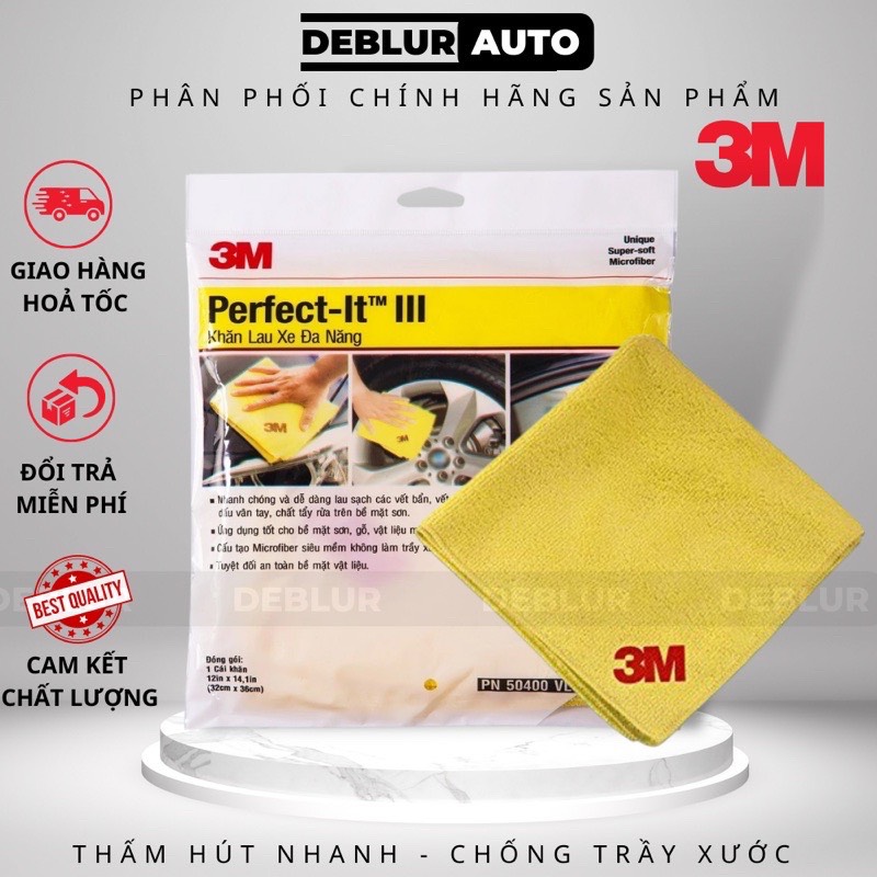 [CHÍNH HÃNG] Khăn lau xe ô tô chuyên dụng không trầy xước hút nước tốt 3M, khăn lau xe máy, xe hơi 3M Microfiber 50400 32cmx36cm