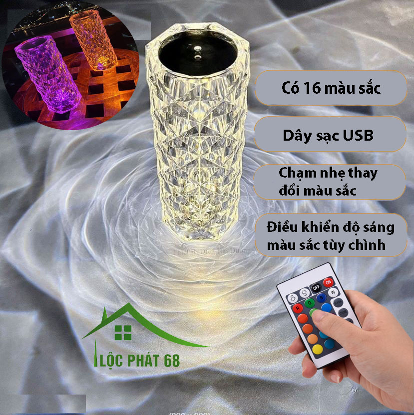 Đèn pha lê cảm ứng trang trí phòng ngủ, phòng khách kèm điểu khiển RGB 16 màu, Đèn pha lê thủy tinh, đèn pha lê cảm ứng 16 màu sắc, đèn chùm, đèn ngủ trang trí phòng khách, đèn pha lê để bàn