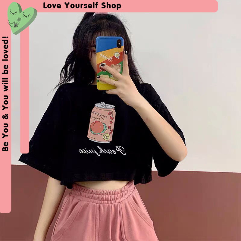 Áo croptop form rộng in hình Peach Juice