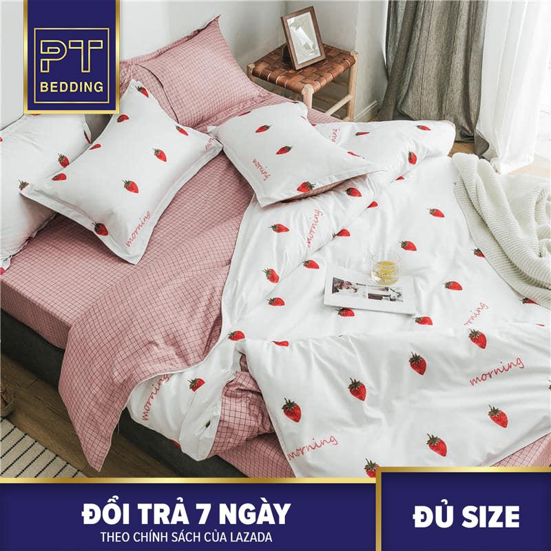 Bộ Chăn Ga Gối ( 01 Drap + 1 vỏ mền + 2 áo gối ) Trắng Dâu Tây