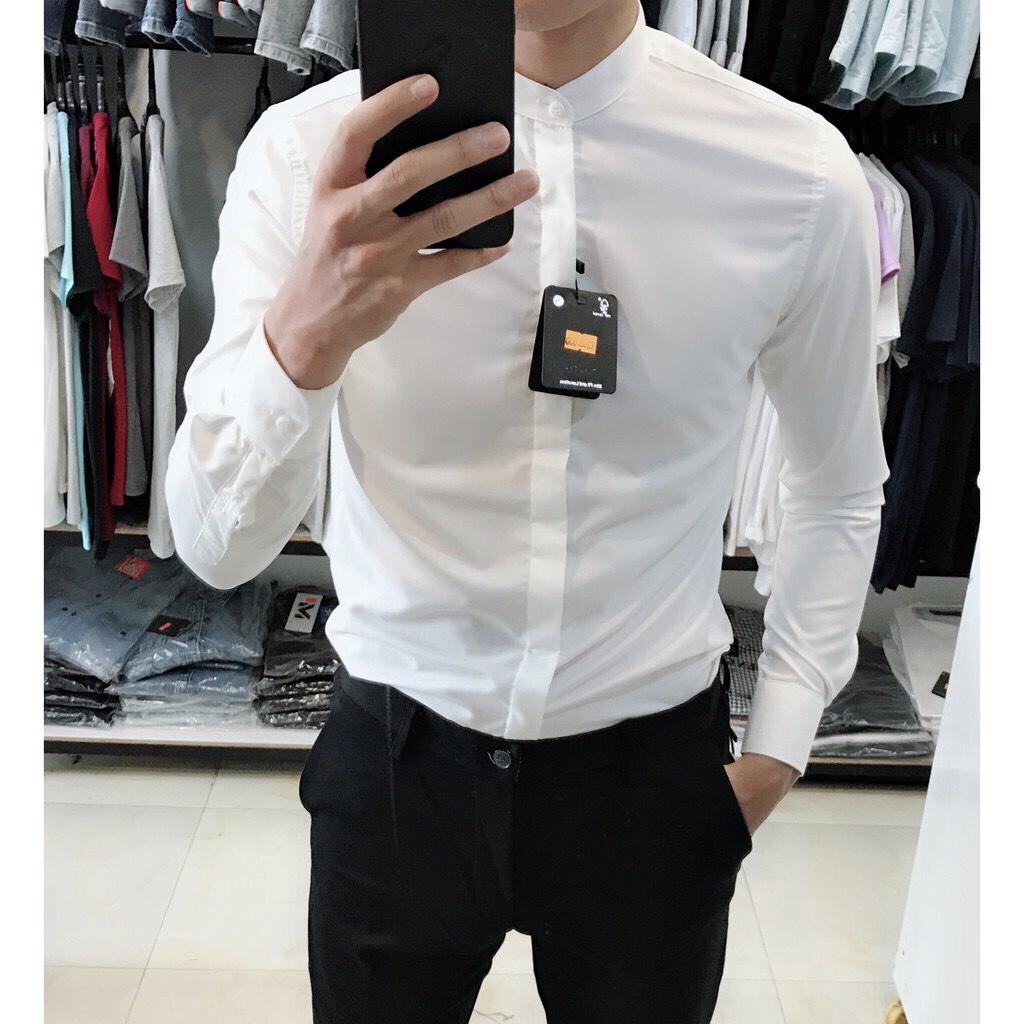 Áo Sơ Mi Nam Cổ Tàu Vải Lụa Chống Nhăn, Sơ mi nam cổ Trụ loại đẹp (Màu Trắng Cúc Trắng)