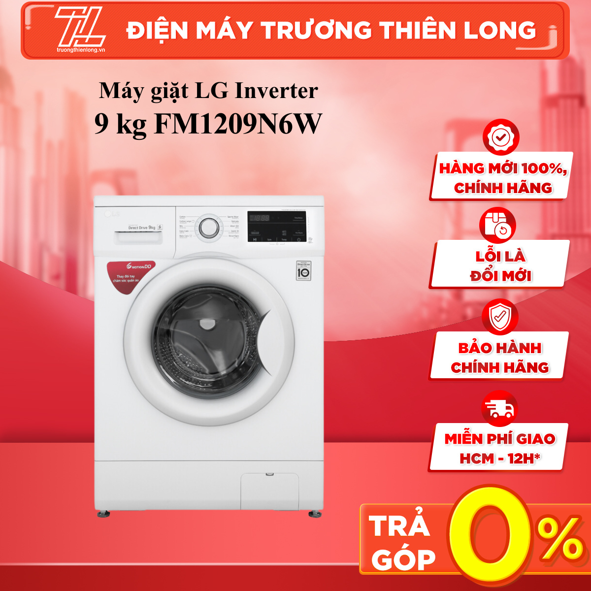 Máy giặt LG Inverter 9 kg FM1209N6W - TRẢ GÓP 0% - GIAO TOÀN QUỐC - NGOÀI HCM TÍNH PHÍ