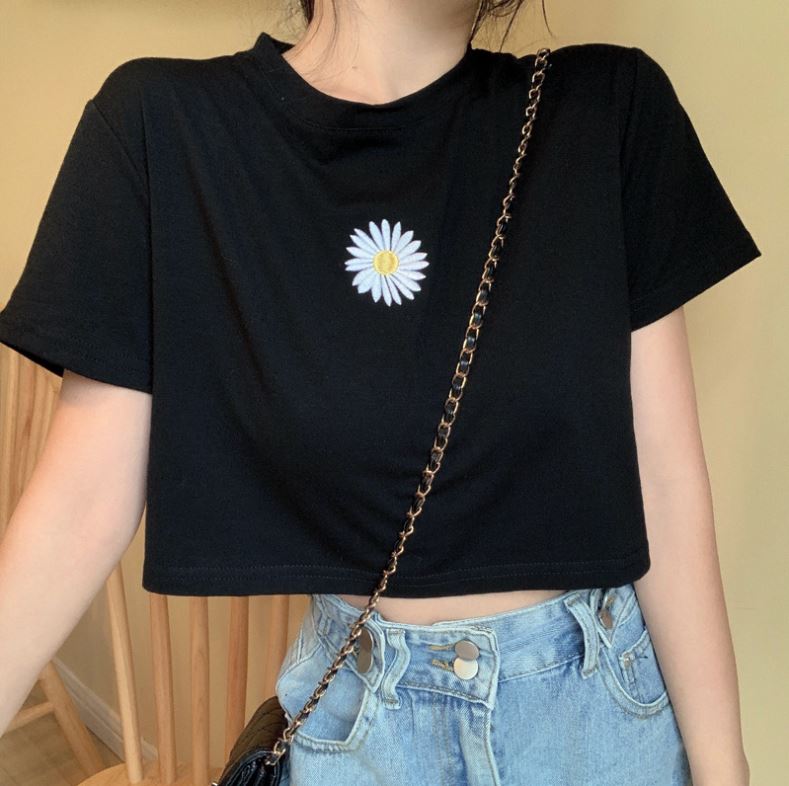 Áo Crop-Top ngắn tay in hình bông cúc