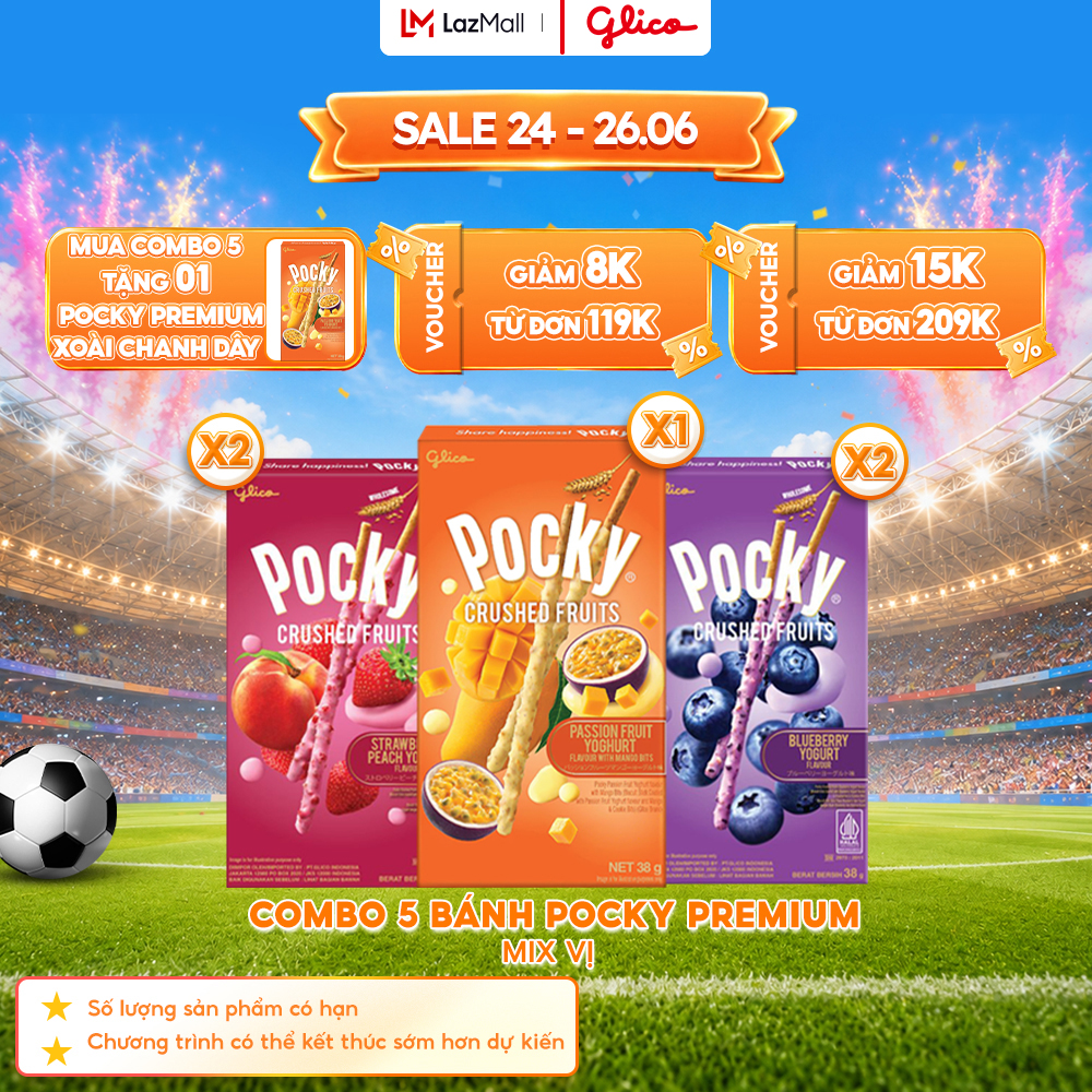 Combo 5 Hộp Bánh Que Pocky Premium Trái Cây Nghiền Sữa Chua Mix Vị (2 Việt Quất - 2 Dâu Đào - 1 Chanh Dây Xoài) 38g/Hộp