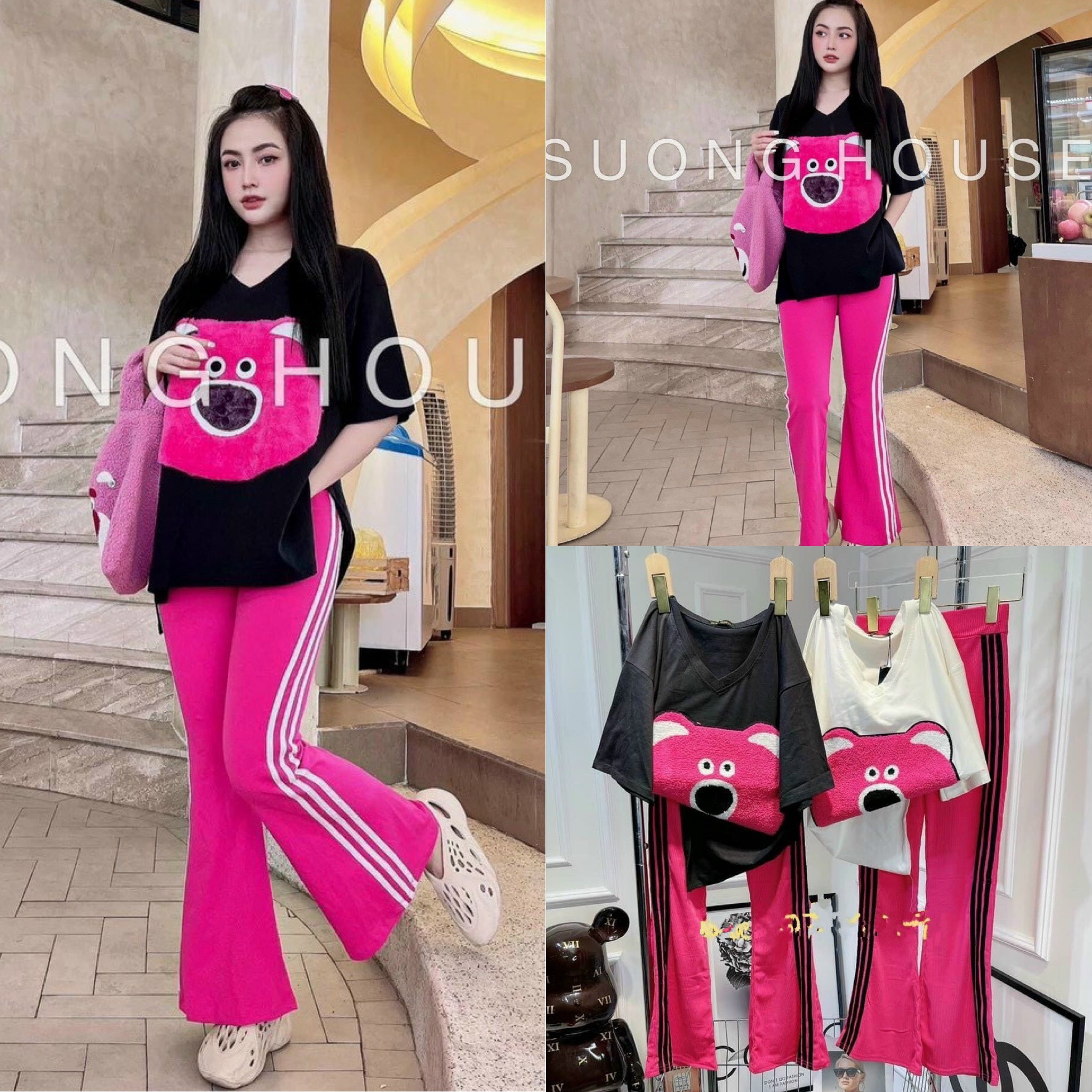 Set bộ đồ nữ thun gấu thêu + quần dài siêu dễ thương