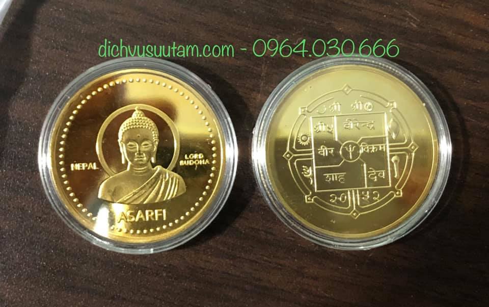 Đồng xu Phật Thích Ca của Nepal kèm 1 túi gấm may mắn