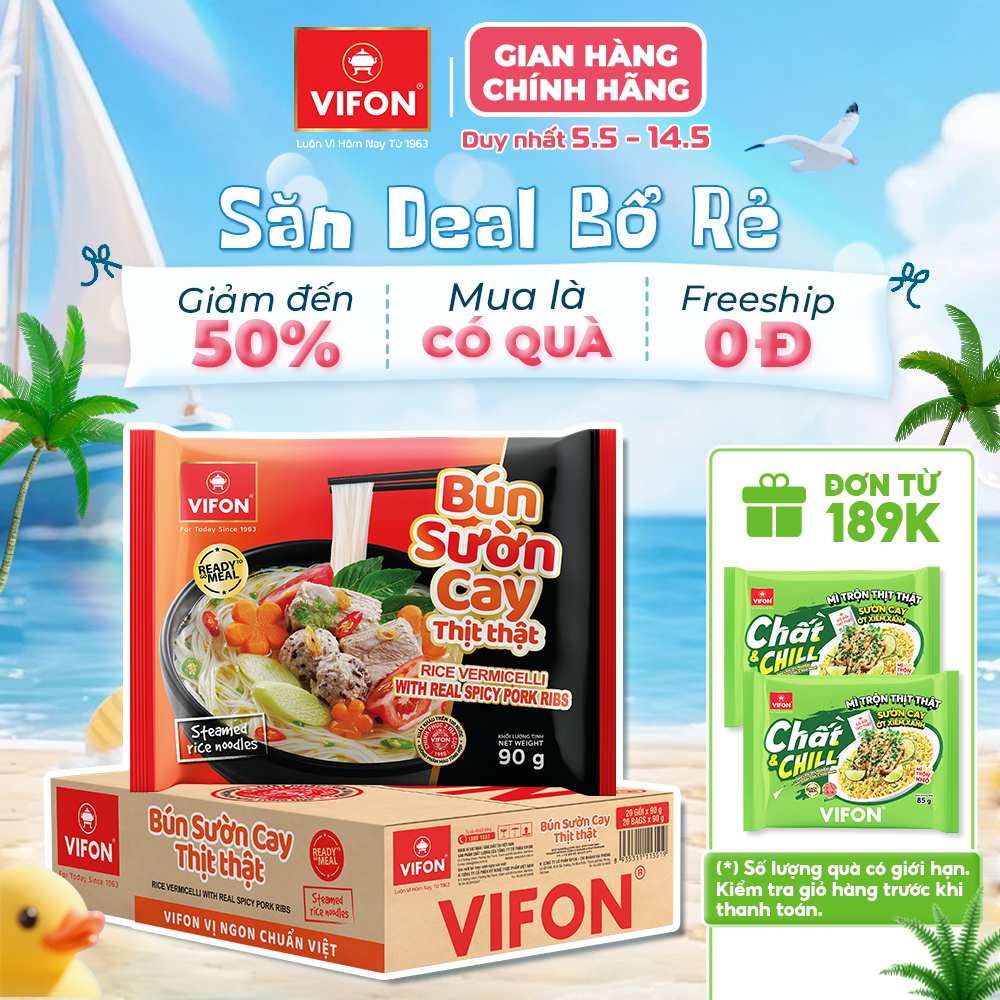 [VOUCHER 15%] Thùng 20 Gói Bún Thịt Thật Bún Bò Huế/ Bún Sườn Cay VIFON 90gr/ Gói