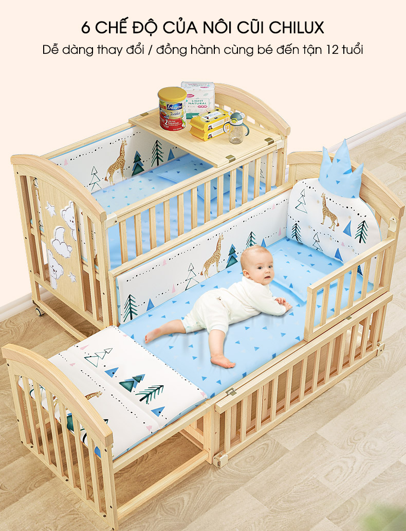 Nôi cũi đa năng chilux trọn bộ kèm quây hoàng gia và nệm bong ép